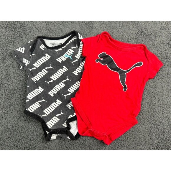 Puma Baby Boys Bodysuit 2-Pack Set 0-3M Logo Cotton Short Sleeve Red Black - Picture 1 of 8